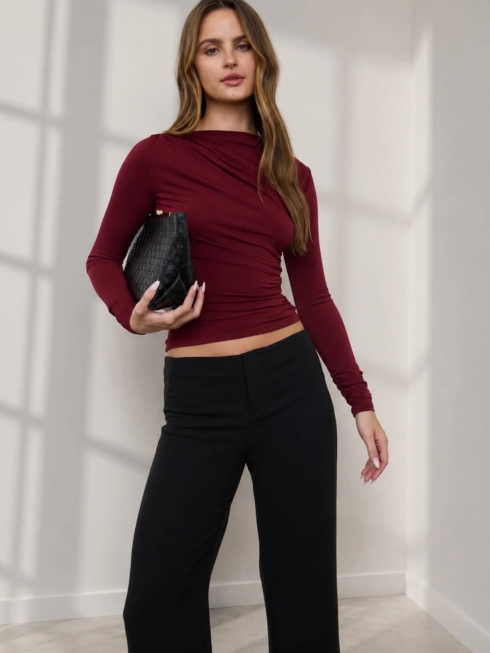 Studio Asymmetrical Ruched Long Sleeve Knit Top in Burgundy